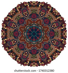 Mandala, tracery wheel mehndi design. Ethnic ornament, colorful doodle symmetry texture. Folk traditional spiritual tribal design. Curved shape, isolated on white. Color art. Vector
