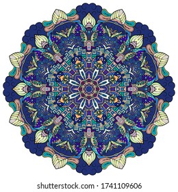 Mandala, tracery wheel mehndi design. Ethnic ornament, colorful doodle symmetry texture. Folk traditional spiritual tribal design. Curved shape, isolated on white. Color art. Vector