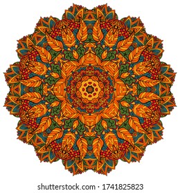 Mandala, tracery wheel mehndi design. Ethnic ornament, colorful doodle symmetry texture. Folk traditional spiritual tribal design. Curved shape, isolated on white. Color art. Vector