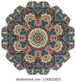 Mandala, tracery wheel mehndi design. Ethnic ornament, colorful doodle symmetry texture. Folk traditional spiritual tribal design. Curved shape, isolated on white. Color art. Vector