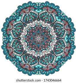 Mandala, tracery wheel mehndi design. Ethnic ornament, colorful doodle symmetry texture. Folk traditional spiritual tribal design. Curved shape, isolated on white. Color art. Vector