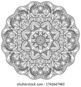Mandala, tracery wheel mehndi design. Ethnic ornament, doodle symmetry texture. Folk traditional spiritual tribal design. Curved shape, isolated on white. Binary monochrome black and white art. Vector