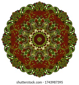 Mandala, tracery wheel mehndi design. Ethnic ornament, colorful doodle symmetry texture. Folk traditional spiritual tribal design. Curved shape, isolated on white. Color art. Vector