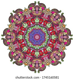 Mandala, tracery wheel mehndi design. Ethnic ornament, colorful doodle symmetry texture. Folk traditional spiritual tribal design. Curved shape, isolated on white. Color art. Vector