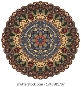 Mandala, tracery wheel mehndi design. Ethnic ornament, colorful doodle symmetry texture. Folk traditional spiritual tribal design. Curved shape, isolated on white. Color art. Vector