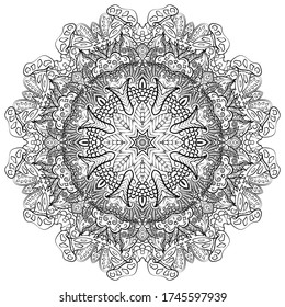 Mandala, tracery wheel mehndi design. Ethnic ornament, doodle symmetry texture. Folk traditional spiritual tribal design. Curved shape, isolated on white. Binary monochrome black and white art. Vector