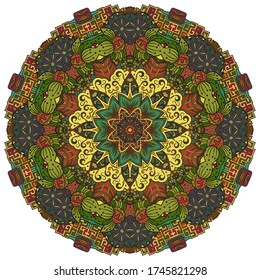 Mandala, tracery wheel mehndi design. Ethnic ornament, colorful doodle symmetry texture. Folk traditional spiritual tribal design. Curved shape, isolated on white. Color art. Vector