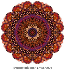 Mandala, tracery wheel mehndi design. Ethnic ornament, colorful doodle symmetry texture. Folk traditional spiritual tribal design. Curved shape, isolated on white. Color art. Vector