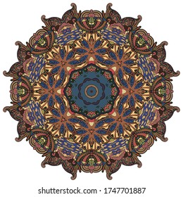Mandala, tracery wheel mehndi design. Ethnic ornament, colorful doodle symmetry texture. Folk traditional spiritual tribal design. Curved shape, isolated on white. Color art. Vector