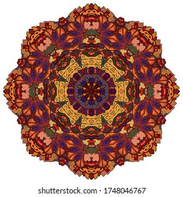 Mandala, tracery wheel mehndi design. Ethnic ornament, colorful doodle symmetry texture. Folk traditional spiritual tribal design. Curved shape, isolated on white. Color art. Vector