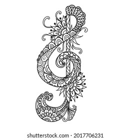 Mandala Treble clef for printing on product,engraving,paper cut,laser cut or adult coloring page. Vector illustration.