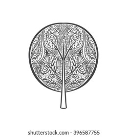 Mandala tree. Hand drawn doodle tree with abstract ornament isolated on white background