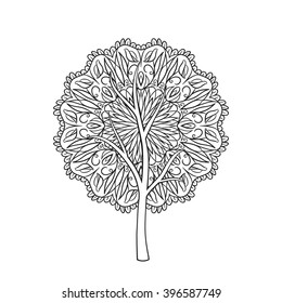 Mandala tree. Hand drawn illustration of tree with abstract ornament isolated on white background