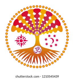 Mandala. The tree of life in bright colorful colors. Symbols of the sun and moon. Vector picture.