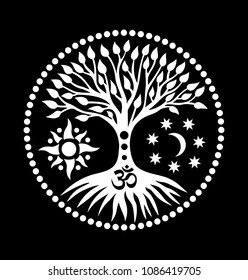 Mandala with the tree of life and the sign of Aum (om). Mystical symbol. The sun, the moon and the universe. Black and white graphics. Vector