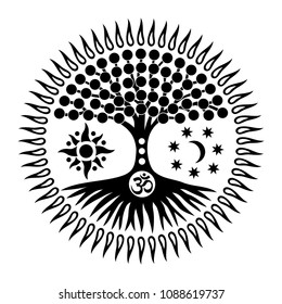 Mandala with the tree of life and the sign of Aum, om, ohm. Mystical symbol. The sun, the moon and the universe. Black and white graphics. Vector