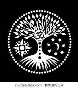 Mandala con el árbol de la vida y el signo de Aum /om/ohm. Símbolo místico y espiritual. El sol, la luna y el universo. Gráficos en blanco y negro. Vector