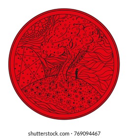 Mandala. Tree. Line background. Hand drawn lines. Texture. Abstract pattern. Doodle for design. Design for spiritual relaxation for adults. Print for polygraphy, t-shirts. Line art creation. Zen art