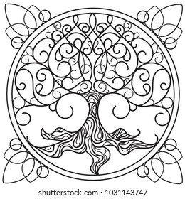 Mandala tree, a round black and white illustration. Vector illustration.