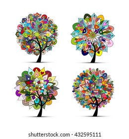 Mandala tree set, floral sketch for your design. Vector illustration