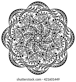 Mandala, tribal background with a medallion. Pattern with abstract vintage art flower for Tibetan yoga. Bohemian decorative element, indian henna design, vector retro circle ornament