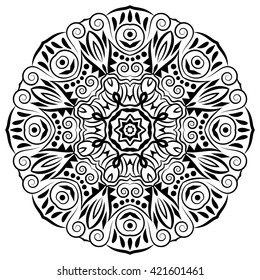 Mandala, tribal background with a medallion. Pattern with abstract vintage art flower for Tibetan yoga. Bohemian decorative element, indian henna design, vector retro circle ornament
