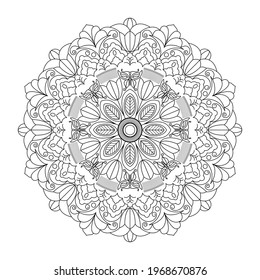 Mandala with tulips, leaves and butterflies on a white background. Anti-stress coloring book for children and adults. Black outline drawing for printed products.