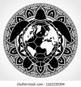 mandala with turtle and earth / black white symbol svg