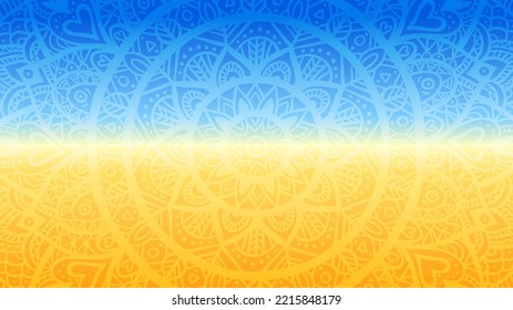 Mandala mit ukrainischen Flaggenfarben. Stand, bete für die Ukraine, unterstütze die Ukraine Tapete. Blau Gelb Symbol mit Farben der ukrainischen Flagge. Krieg in der Ukraine Konzept.