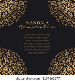 Mandala universal constructor set. Golden vector seamless pattern, corner frame elements and design template for postcards, banners and decor
