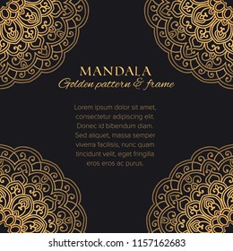 Mandala universal constructor set. Golden vector seamless pattern, corner frame elements and design template for postcards, banners and decor
