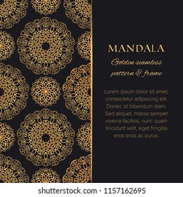 Mandala universal constructor set. Golden vector seamless pattern, frame element and design template for postcards, banners and decor