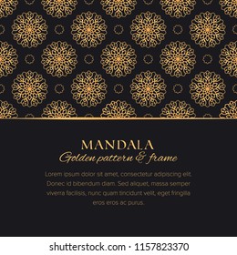 Mandala universal constructor set. Golden vector seamless pattern, border element and design background template for postcards, banners and decor