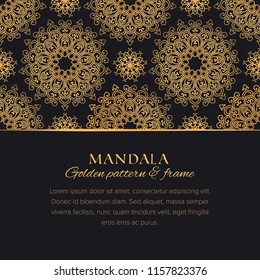 Mandala universal constructor set. Golden vector seamless pattern, border element and design background template for postcards, banners and decor