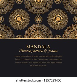 Mandala universal constructor set. Golden vector seamless pattern, border element and design background template for postcards, banners and decor
