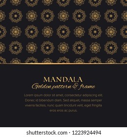 Mandala universal constructor set. Golden vector seamless pattern, border element and design background template for postcards, banners and decor