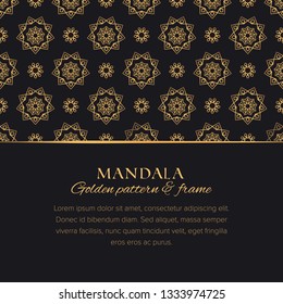 Mandala universal constructor set. Golden vector seamless pattern, border element and design background template for postcards, banners and decor