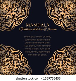 Mandala universal constructor set. Golden vector seamless pattern, corner frame elements and design template for postcards, banners and decor