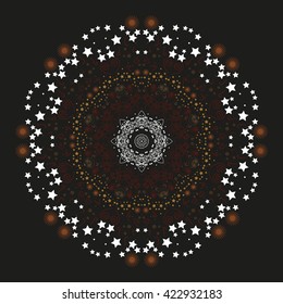 Mandala varicolored. Black background. Beautiful mandala rainbow color. Stars and sun inside.