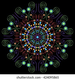 Mandala varicolored. Black background. Oriental motives, rainbow mandala.