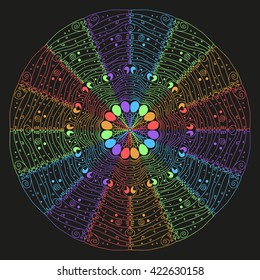 Mandala varicolored. Black background. Rainbow mandala.