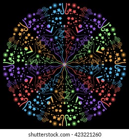 Mandala varicolored. Black background. Rainbow. Beautiful east.