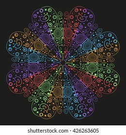 Mandala varicolored. Black background. Rainbow mandala.