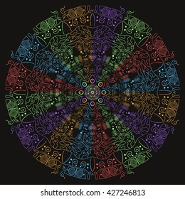 Mandala varicolored. Black background. Rainbow style.