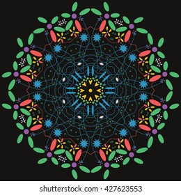 Mandala varicolored. Black background. Rainbow colors.