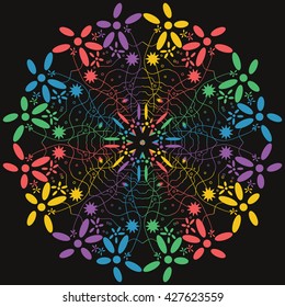 Mandala varicolored. Black background. Rainbow colors.