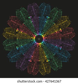 Mandala varicolored. Black background. Rainbow colors.