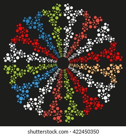Mandala varicolored. Black background. White, blue, green, red colors. Symbol of life