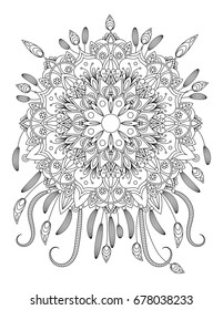 Mandala vecror illustration. Round ornament. Adult coloring page. Decorative elements. White background, black outline.