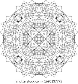 Mandala. Vector abstract black line on white background illustration round ornament. Meditation coloring picture for relaxation.Design element for decoration, tattoo or henna.